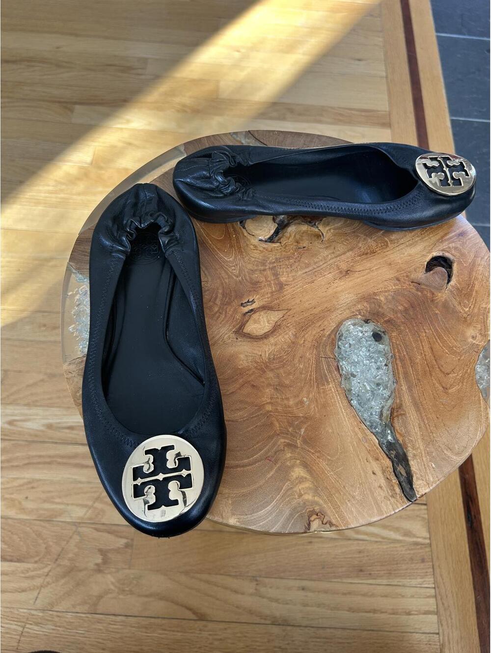 Tory Burch Black Leather Ballet Flats with Logo